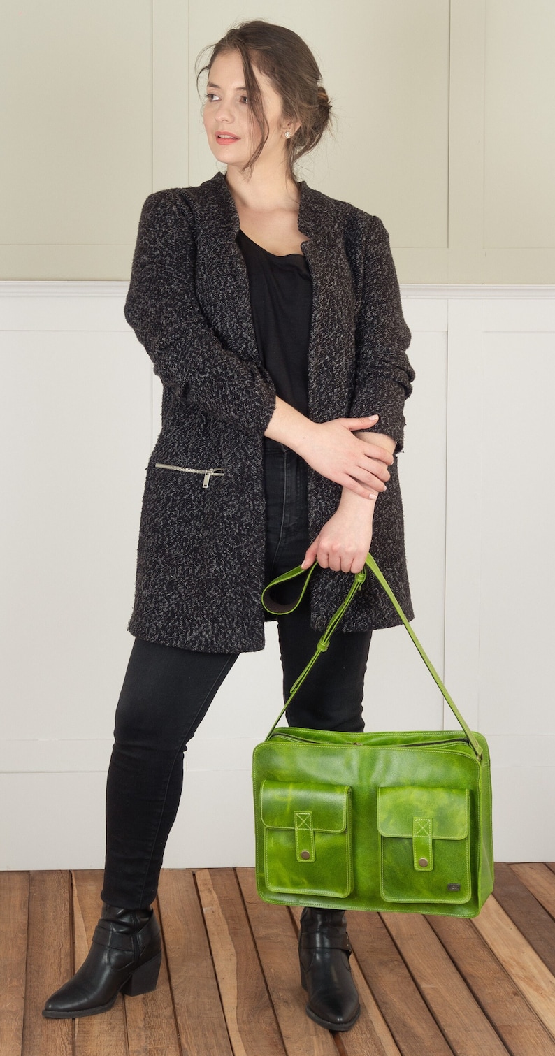 Sac en cuir vert pour le travail, sac décole vert lime, sac pour ordinateur portable pour femme, sac messager pour un nouvel emploi, sac à bandoulière avec poches, sac à main vert image 5