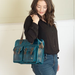 Woman handbag turquoise blue leather tote bag, vintage bag for women, leather women laptop bag, business shoulder bag for woman, mom gift image 7