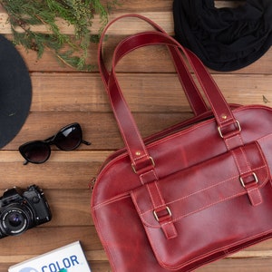 Red leather large handbag, oversize women leather bag, carry on duffel bag, women travel bags, large red purse for work, red weekender bag image 2