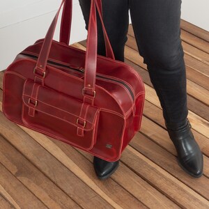 Red leather large handbag, oversize women leather bag, carry on duffel bag, women travel bags, large red purse for work, red weekender bag image 9