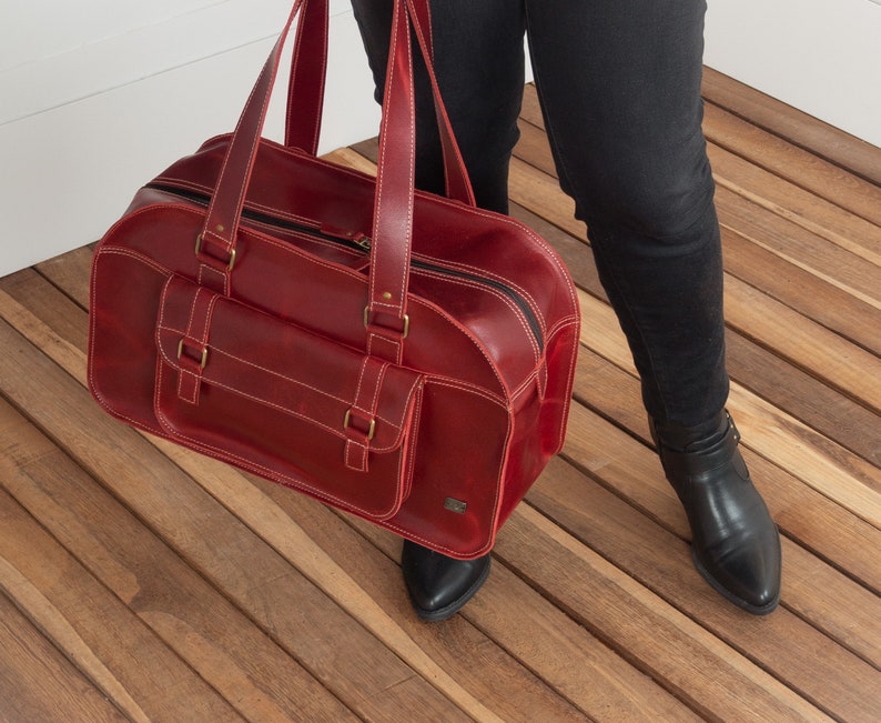 Red leather large handbag, oversize women leather bag, carry on duffel bag, women travel bags, large red purse for work, red weekender bag image 9