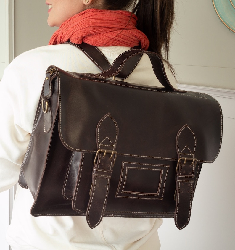 Messenger bag, Leather satchel bag women, laptop backpack, messenger school bag, vintage backpack, convertible backpack, briefcase backpack image 9