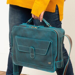 Vintage Turquoise Leather Messenger Bag, Retro Briefcase, Handcrafted Crossbody Satchel, Travel Bag for Men and Women image 8