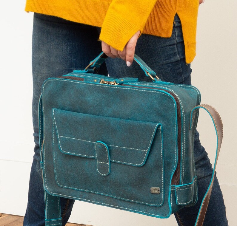 Vintage Turquoise Leather Messenger Bag, Retro Briefcase, Handcrafted Crossbody Satchel, Travel Bag for Men and Women image 8