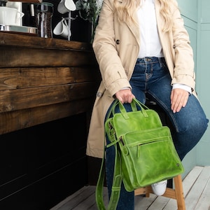 Leather crossbody pocket bag, lime green messenger bag, woman leather bag, vintage sturdy bag, gift for fiance, green handbag for school image 2