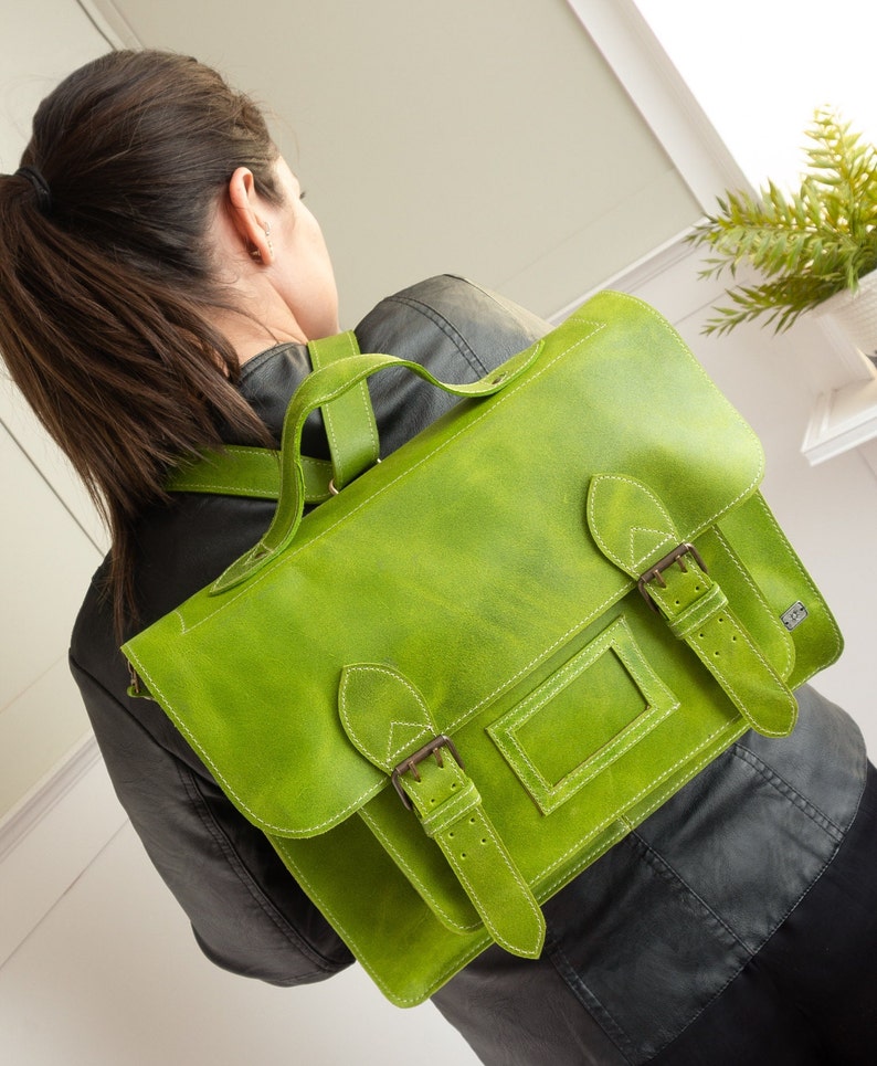 Leather satchel for women retro vintage style, leather laptop bag travel business, vintage satchel school bag, leather bag work meeting Green