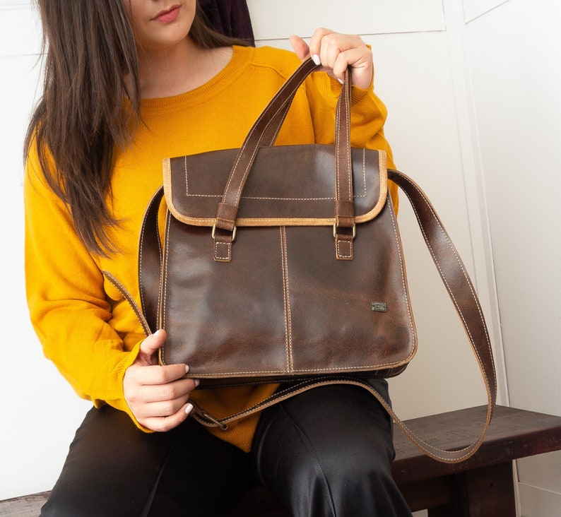 Vintage Leather Purse with Top Handle Classic Crossbody Bag for Work, Brown Distressed Leather Handbag, Small crossbody purse for women image 1