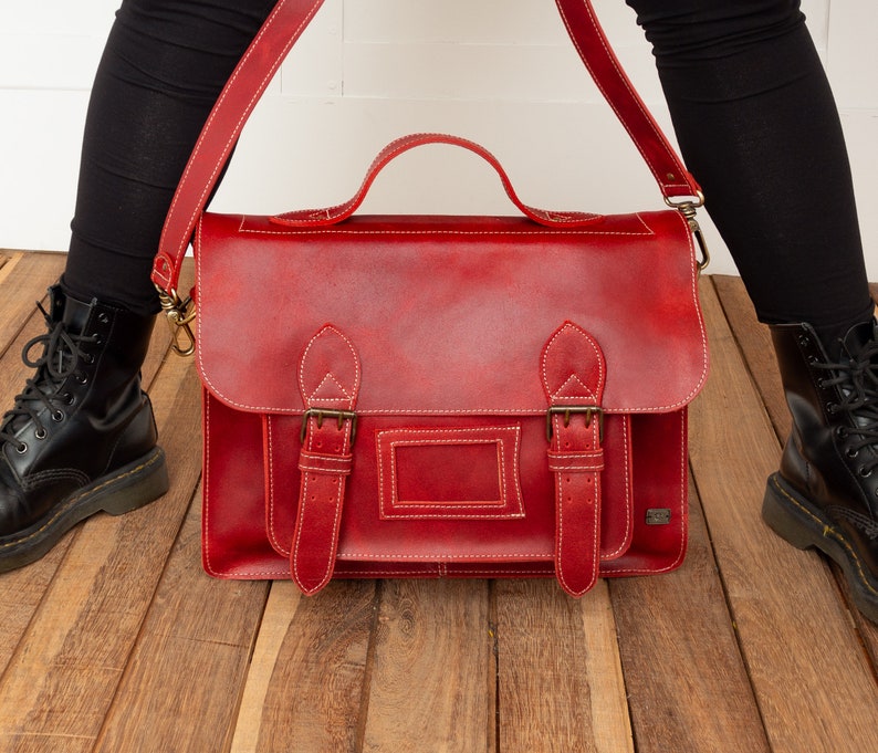 Leather satchel backpack, vintage backpack red leather, laptop bag for work, bag briefcase women, messenger bag women, convertible backpack image 4