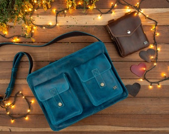 Special pack! blue leather messenger bag and mini bag gift, woman leather bag casual style waist bag for gift, work bag for jeans outfit