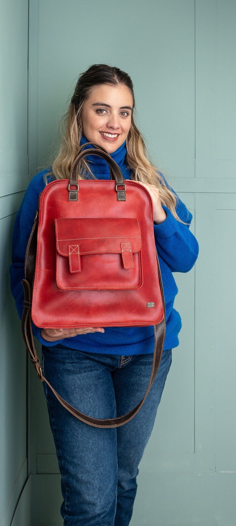 Red leather woman work bag, vintage leather bag woman, leather top handle bag, crossbody purse for sister, woman handbag everyday, mom gift image 2