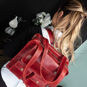 Convertible backpack for women, red leather backpack for work, small laptop backpack women, red leather bag for laptop, work bag for mom image 2