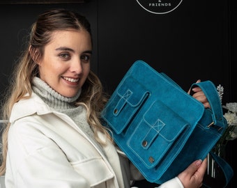 Leather messenger bag women, Turquoise leather bag for work, laptop bag with pockets, vintage school bag, small messenger, crossbody bag