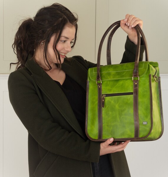 Women Laptop Bag Green Leather Handbag for Women Tote Bag Etsy
