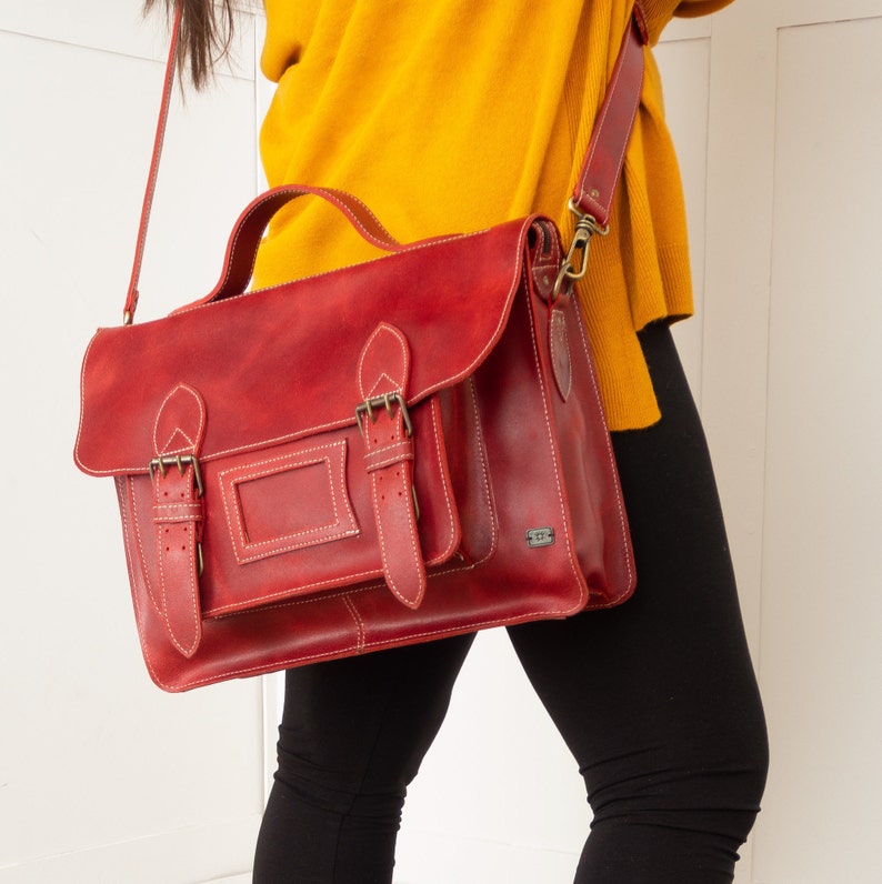 Leather satchel backpack, vintage backpack red leather, laptop bag for work, bag briefcase women, messenger bag women, convertible backpack image 7