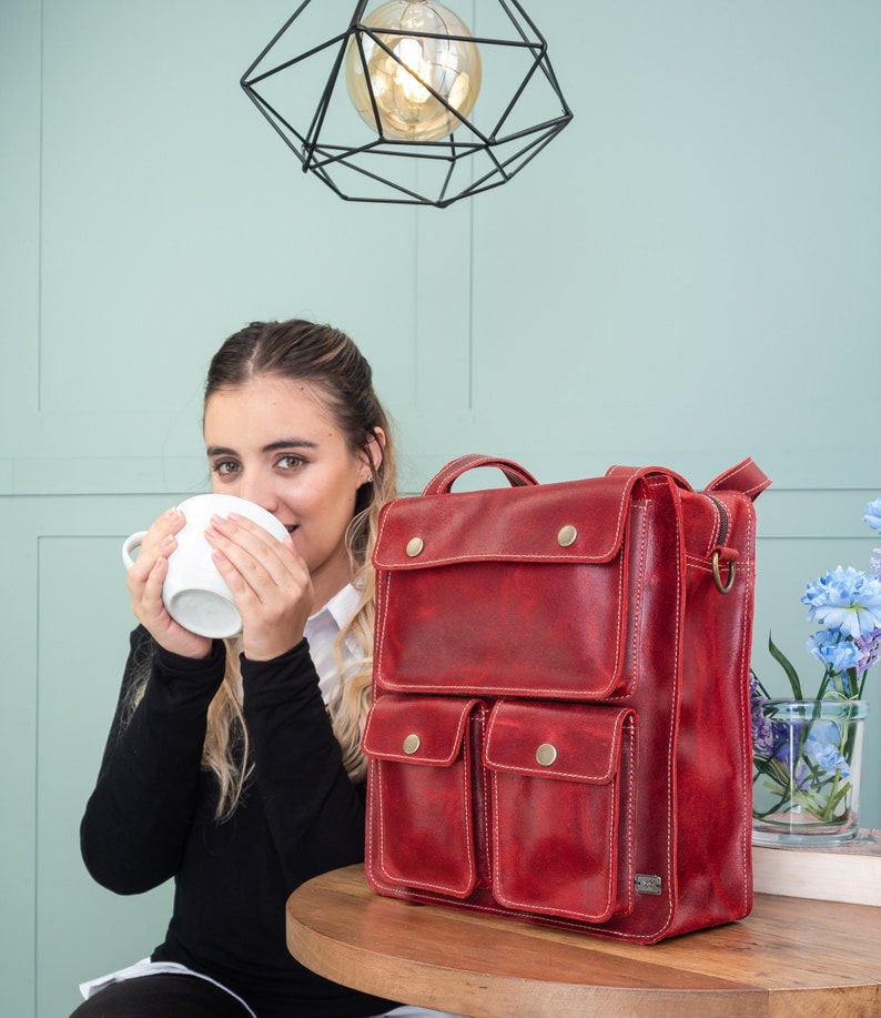 Leather backpack women, red backpack purse, leather bag for office, convertible backpack crossbody, small backpack women, women work bag image 1