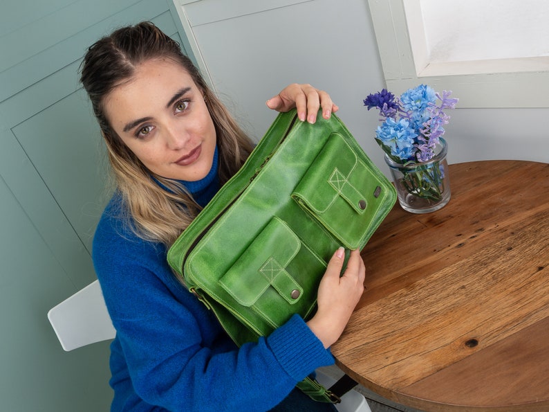 Green leather bag, small leather messenger, apple green crossbody bag everyday bag, vintage leather bag, postman bag, retro school bag women image 10