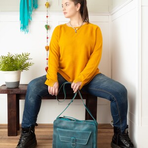 Vintage Turquoise Leather Messenger Bag, Retro Briefcase, Handcrafted Crossbody Satchel, Travel Bag for Men and Women image 6