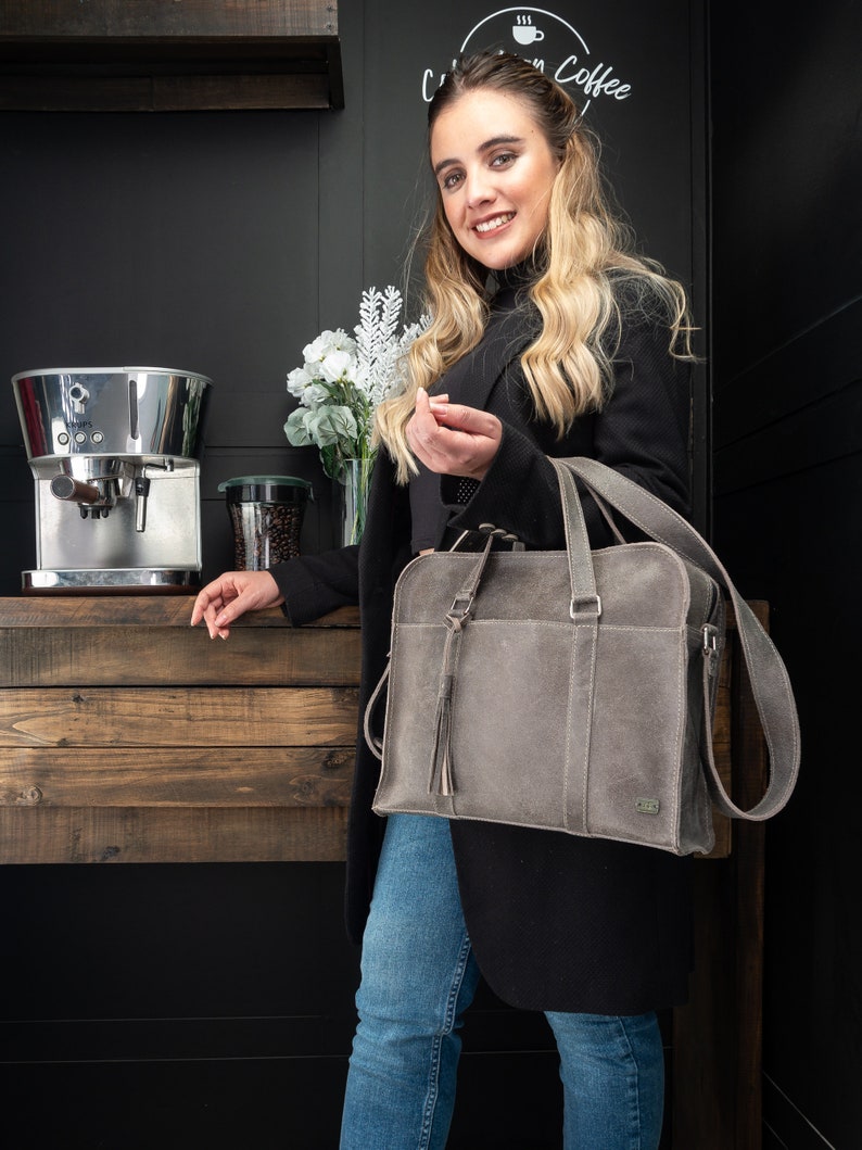 Gray leather purse, crossbody tote bag distressed gray leather, woman tote handbag, leather bag office work, sister gift, hands free bag image 5