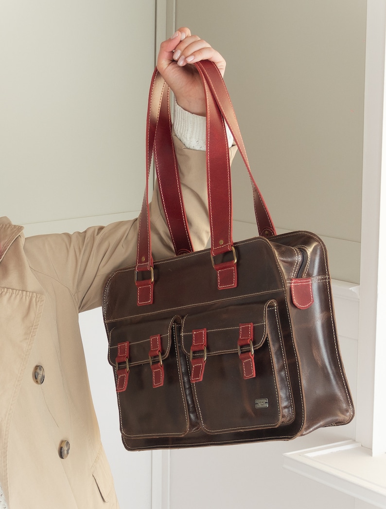 Personalized Brown Tote Bag Colorful Leather handbag for Women Custom Engraving Available image 9