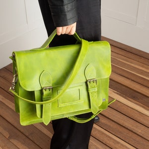 Sac à dos Satchel en cuir vert, sac à dos convertible vert lime, sac messager convertible pour le travail