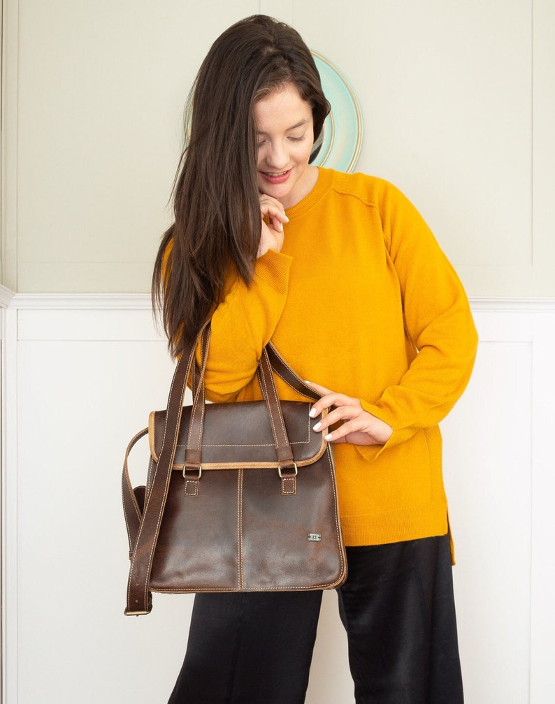 Vintage Leather Purse with Top Handle Classic Crossbody Bag for Work, Brown Distressed Leather Handbag, Small crossbody purse for women image 3