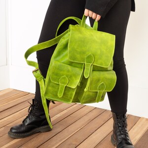 Leather backpack women, green backpack, laptop backpack for work, backpack purse, leather boho bag women, backpack vintage, lime green bag image 2