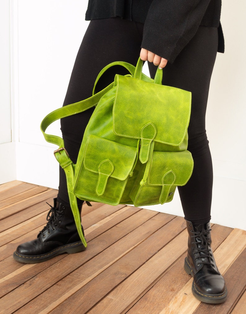 Leather backpack women, green backpack, laptop backpack for work, backpack purse, leather boho bag women, backpack vintage, lime green bag image 2
