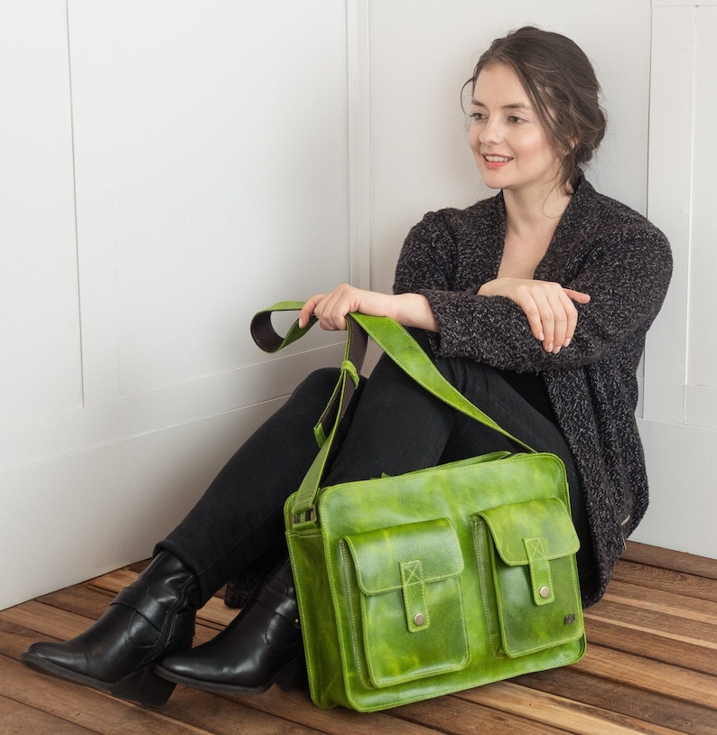 Leather laptop bag for women, green leather messenger bag for work, shoulder bag with pockets casual style, bag for women black outfits image 1