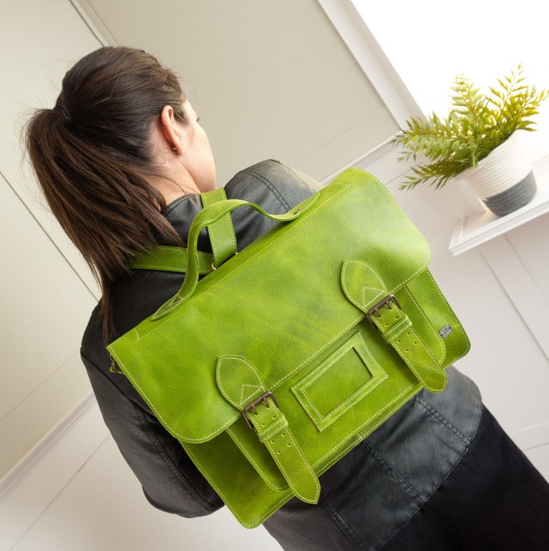 Messenger bag, Leather satchel bag women, laptop backpack, messenger school bag, vintage backpack, convertible backpack, briefcase backpack Green