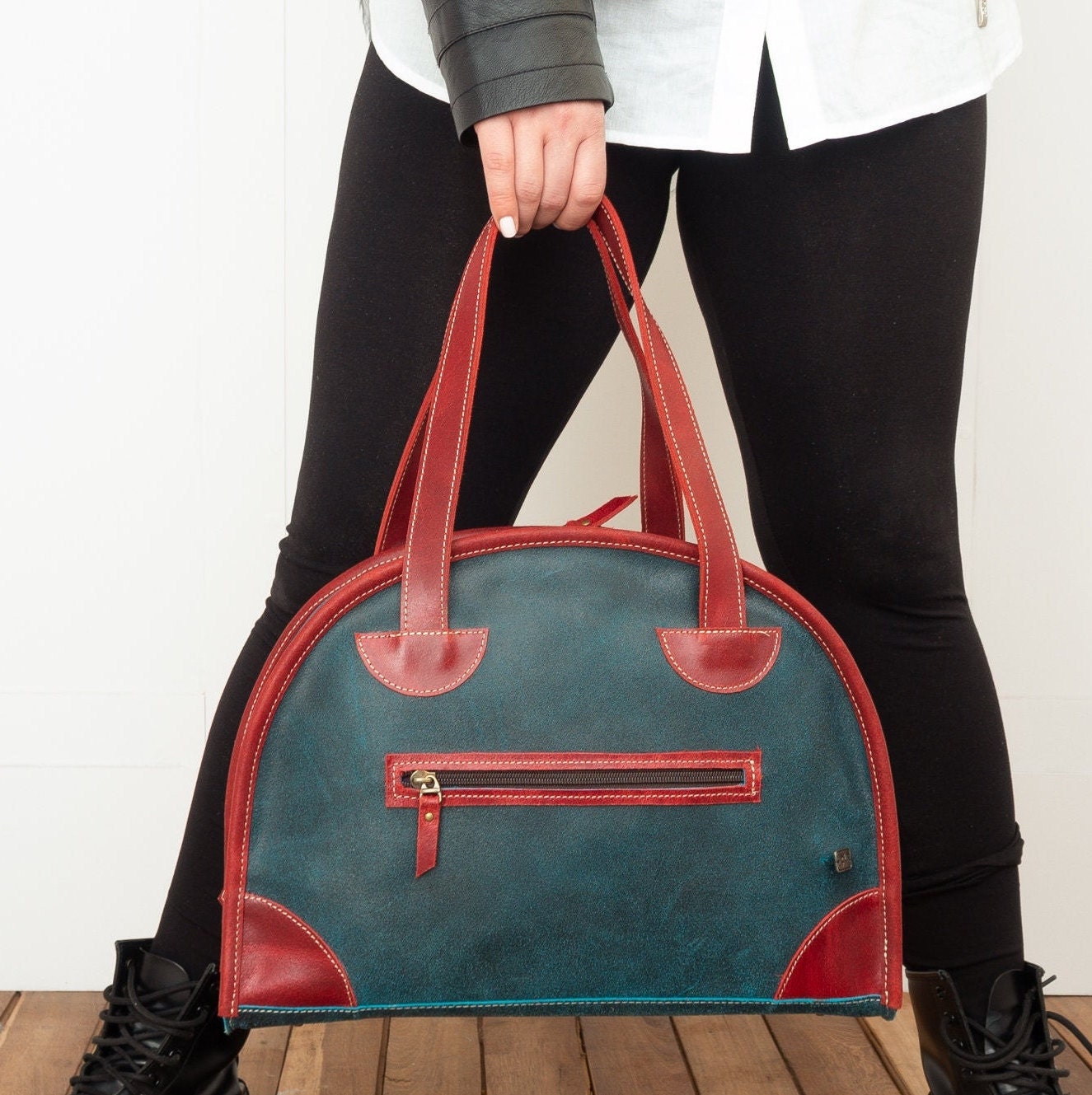 Vintage Handbag for Women Blue Leather Bowling Bag Woman 