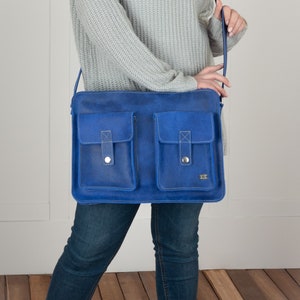 Sky Blue laptop bag women, blue leather messenger bag, soft leather messenger laptop bag, messenger purse woman, blue laptop bag for work image 3