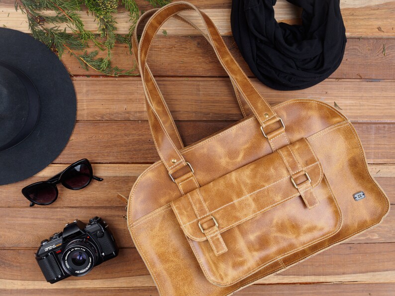 Tan Leather Shoulder Bag Large Vintage Style Handbag for Work and Travel, Leather Duffel Bag for Women, Cute handbags for Travel image 9