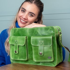 Stylish Turquoise Leather Crossbody Bag for Women Small Laptop Bag, small work messenger bag Green