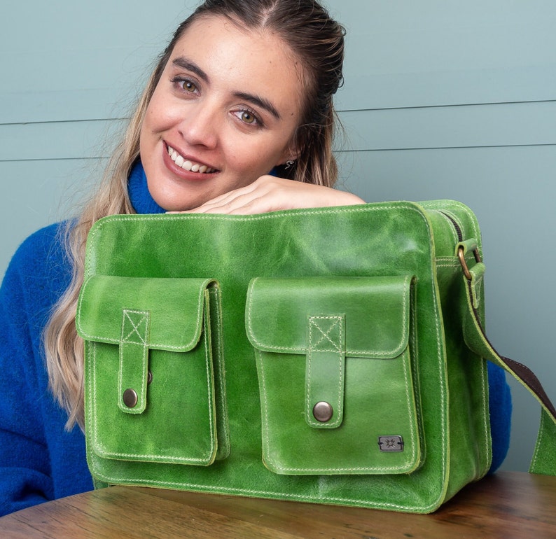 Stylish Turquoise Leather Crossbody Bag for Women Small Laptop Bag, small work messenger bag Green