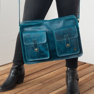 Vintage leather messenger bag, woman messenger leather bag, turquoise blue leather bag, leather bag winter outfits, jeans style leather bag image 5