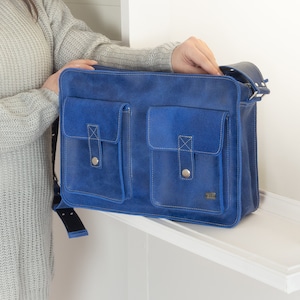 Sky Blue laptop bag women, blue leather messenger bag, soft leather messenger laptop bag, messenger purse woman, blue laptop bag for work image 5