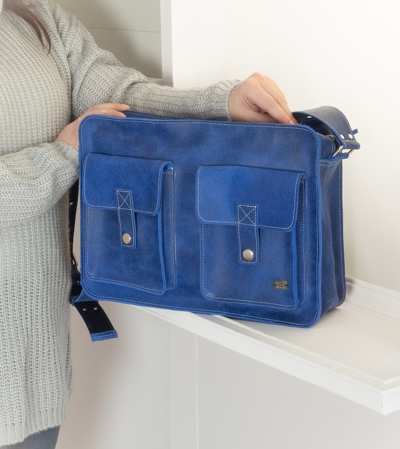 Blue Leather Laptop Bag Messenger Bag Women Blue Leather Etsy