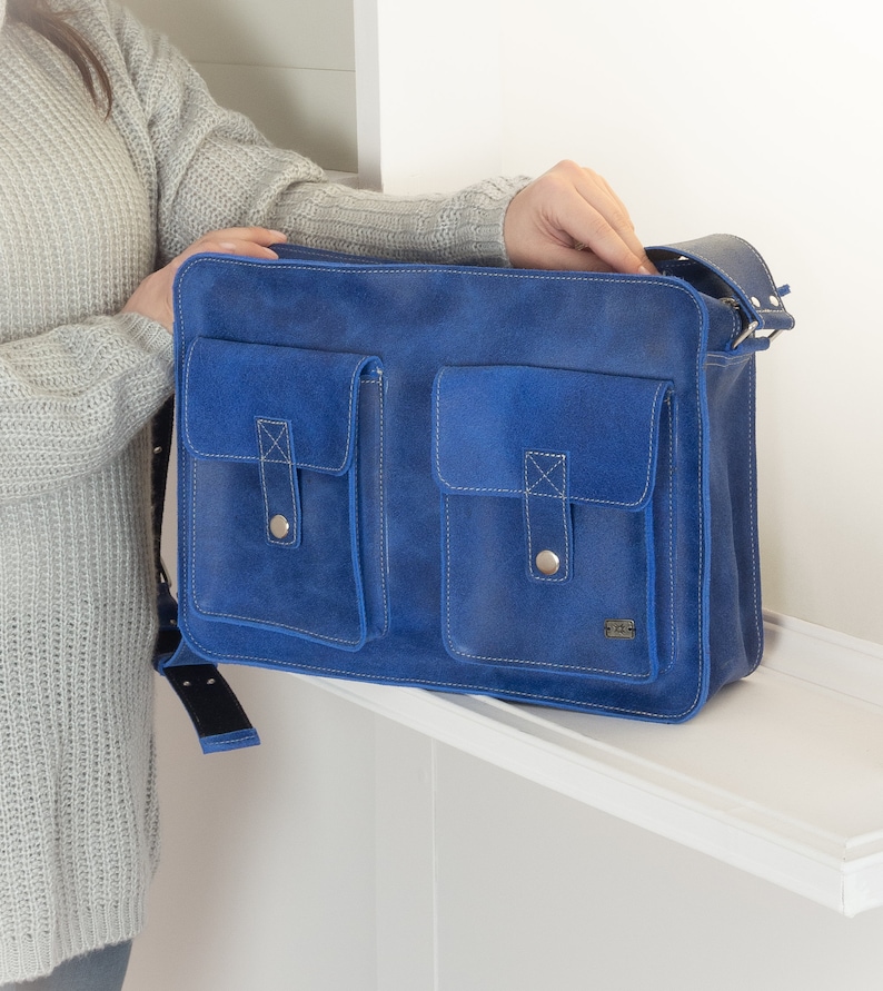 Sky Blue laptop bag women, blue leather messenger bag, soft leather messenger laptop bag, messenger purse woman, blue laptop bag for work image 5