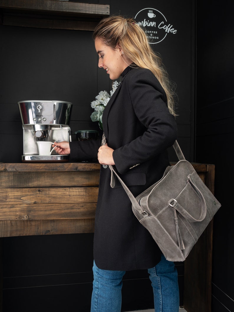 Gray leather purse, crossbody tote bag distressed gray leather, woman tote handbag, leather bag office work, sister gift, hands free bag image 9