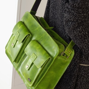 Green leather bag for work, lime green school bag, womens laptop bag, messenger bag for new job, cross body bag with pockets, green handbag image 8