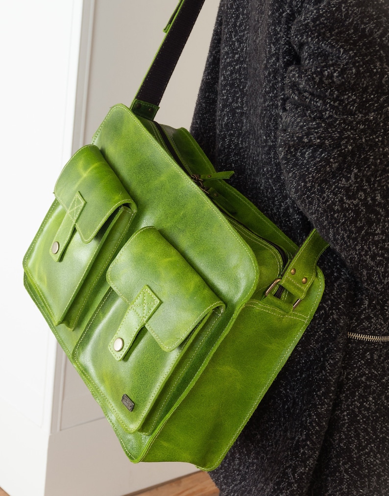 Green leather bag for work, lime green school bag, womens laptop bag, messenger bag for new job, cross body bag with pockets, green handbag image 8