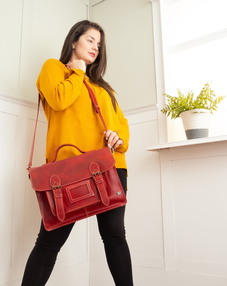 Leather satchel backpack, vintage backpack red leather, laptop bag for work, bag briefcase women, messenger bag women, convertible backpack image 3