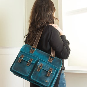Woman handbag turquoise blue leather tote bag, vintage bag for women, leather women laptop bag, business shoulder bag for woman, mom gift image 6