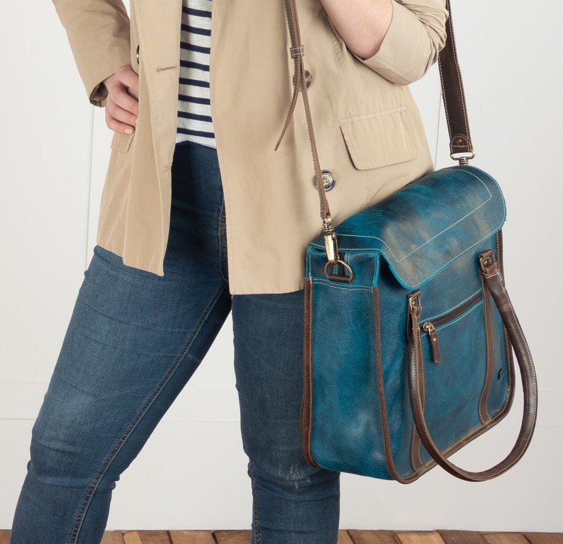 Leather handbags for women, laptop bag, indigo leather bag, tote bag for work, leather crossbody purse, blue leather handbag, turquoise bag image 5