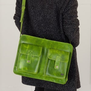 Green leather bag for work, lime green school bag, womens laptop bag, messenger bag for new job, cross body bag with pockets, green handbag image 3