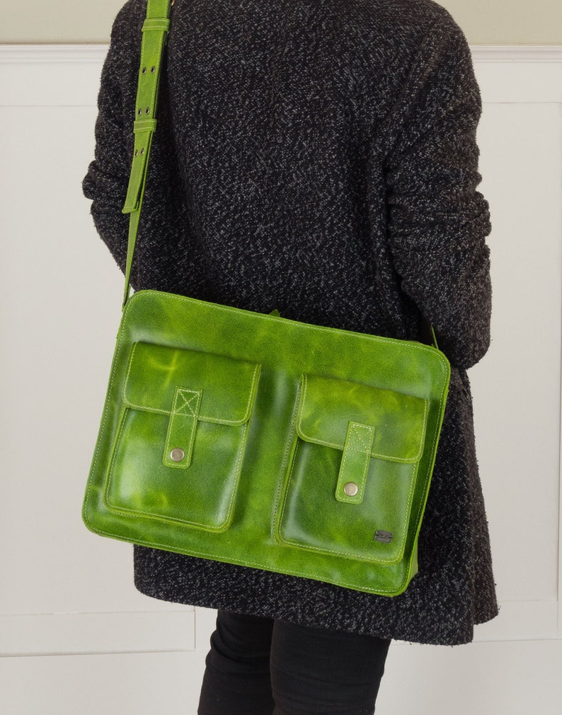 Stylish Green Leather Messenger Bag for Women, Laptop Bag Included, gift for her image 3
