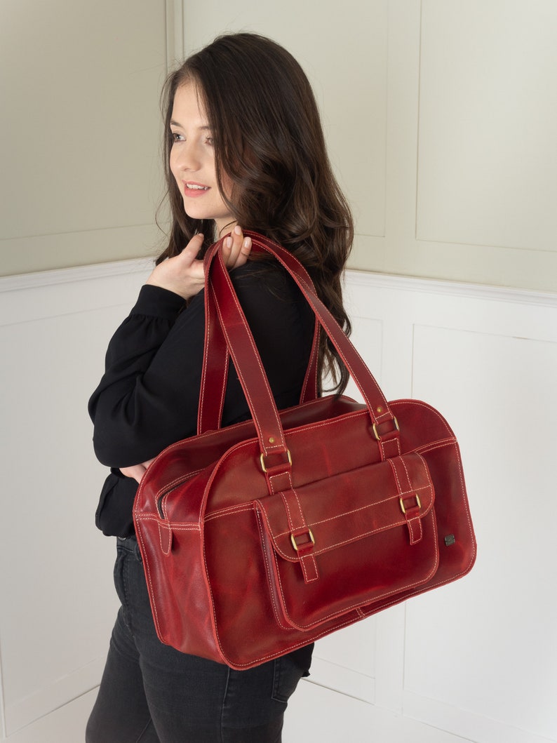 Red leather large handbag, oversize women leather bag, carry on duffel bag, women travel bags, large red purse for work, red weekender bag image 3