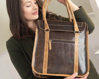 Leather handbag for women laptop bag, large tote bag for casual work outfit, brown leather crossbody bag for women, shoulder bag for women