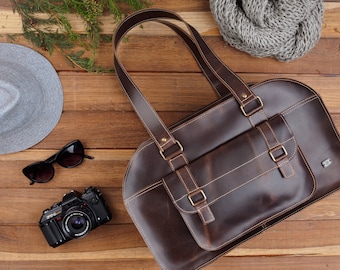 Brown leather large bag women, women duffel bag for work travel, vintage leather weekender bag, large leather handbag for weekend, mom gift