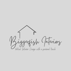 May include: A logo for Biggerfish Interiors on a light gray background. The logo features a stylized house outline above the cursive text "Biggerfish Interiors". Below the text is the phrase "Virtual Interior Design with a personal touch".